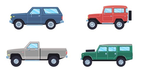 Off-road 4x4 suv cars set. Side view offroad car in different colors. Flat style suv. Vector illustration.