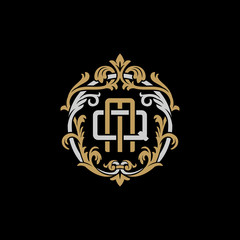 Initial letter Q and M, QM, MQ, decorative ornament emblem badge, overlapping monogram logo, elegant luxury silver gold color on black background