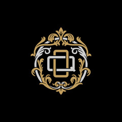 Initial letter Q and O, QO, OQ, decorative ornament emblem badge, overlapping monogram logo, elegant luxury silver gold color on black background