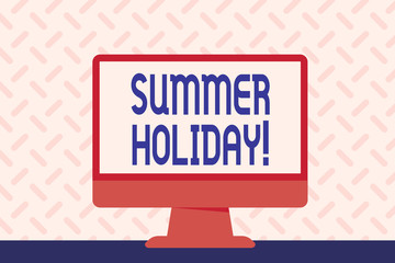 Obraz premium Text sign showing Summer Holiday. Business photo showcasing Vacation during the summer season School holiday or break Blank Space Desktop Computer Colorful Monitor Screen Freestanding on Table