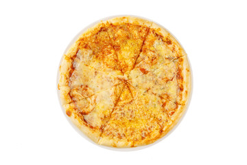 Pizza four cheeses whole round, cut into pieces, on a white isolated background, view from above. Fast food in a pizzeria, a floury cheese product