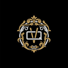 Initial letter Q and V, QV, VQ, decorative ornament emblem badge, overlapping monogram logo, elegant luxury silver gold color on black background