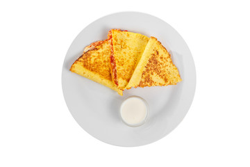 Quesadilla with chicken and sauce from sour cream, isolated white background, view from above