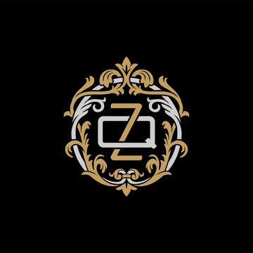 Initial letter Q and Z, QZ, ZQ, decorative ornament emblem badge, overlapping monogram logo, elegant luxury silver gold color on black background