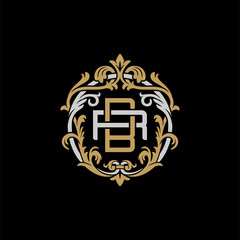 Initial letter R and B, RB, BR, decorative ornament emblem badge, overlapping monogram logo, elegant luxury silver gold color on black background