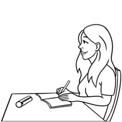 Vector drawing of a schoolgirl sitting at your desk at school listening attentively to the lesson. Exercise book, pen, pencil case, black white, comic, isolated.