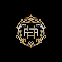 Initial letter R and H, RH, HR, decorative ornament emblem badge, overlapping monogram logo, elegant luxury silver gold color on black background