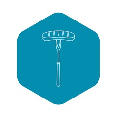 Grilled bratwurst on a bbq fork icon. Outline illustration of grilled bratwurst on a bbq fork vector icon for web
