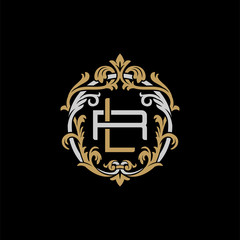 Initial letter R and L, RL, LR, decorative ornament emblem badge, overlapping monogram logo, elegant luxury silver gold color on black background