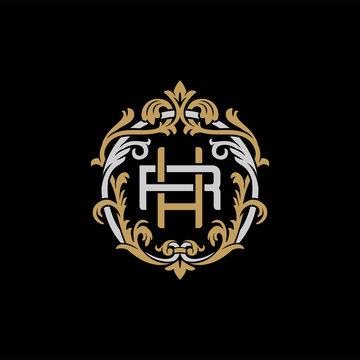 recommend clip art: Initial letter R and H, RH, HR, decorative ornament emblem badge, overlapping monogram logo, elegant luxury silver gold color on black background