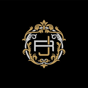 recommend clip art: Initial letter R and J, RJ, JR, decorative ornament emblem badge, overlapping monogram logo, elegant luxury silver gold color on black background