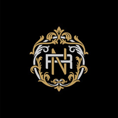 Initial letter R and N, RN, NR, decorative ornament emblem badge, overlapping monogram logo, elegant luxury silver gold color on black background