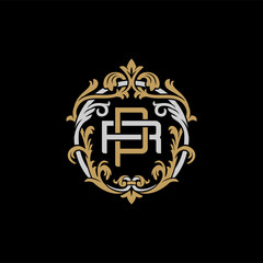 Initial letter R and P, RP, PR, decorative ornament emblem badge, overlapping monogram logo, elegant luxury silver gold color on black background