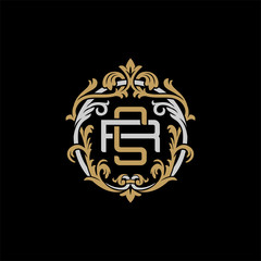 Initial letter R and S, RS, SR, decorative ornament emblem badge, overlapping monogram logo, elegant luxury silver gold color on black background