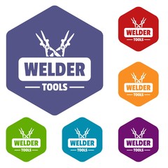 Welder work icons vector colorful hexahedron set collection isolated on white 