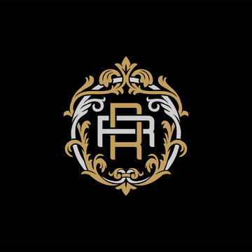 Initial letter R and R, RR, decorative ornament emblem badge, overlapping monogram logo, elegant luxury silver gold color on black background