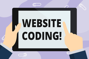 Handwriting text writing Website Coding. Conceptual photo system of symbols and rules used to represent instructions Hand Holding Pointing Touching Blank Rectangular Color Tablet White Screen
