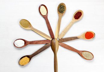 Assortment of spices in wooden spoons, white background
