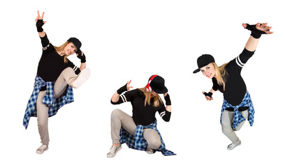 Stylish woman in hip-hop style. Collage isolated on white.