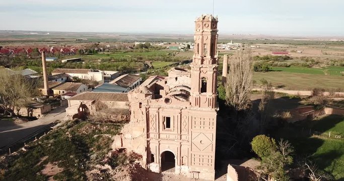 Aerial view of ruins of old historic Spanish village Belchite in province of Zaragoza