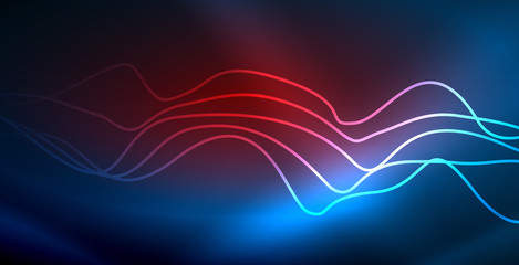 Glowing abstract wave on dark, shiny motion, magic space light. Vector techno abstract background