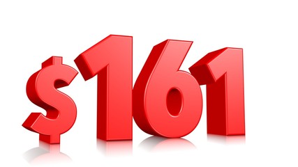 161$ One hundred sixty one price symbol. red text number 3d render with dollar sign on white background