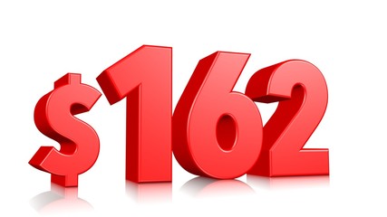 162$ One hundred sixty two price symbol. red text number 3d render with dollar sign on white background