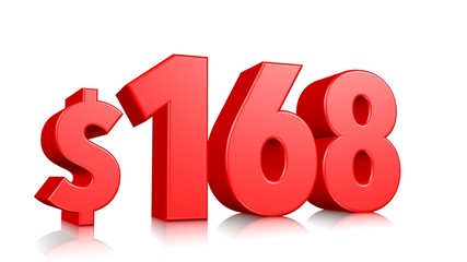 168$ One hundred sixty eight price symbol. red text number 3d render with dollar sign on white background