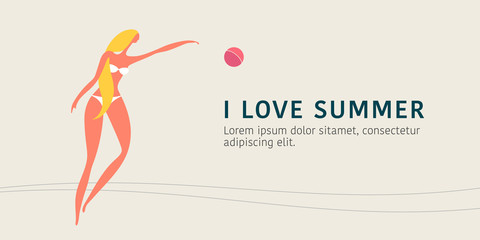 Woman in swimsuit playing ball at the beach vector illustration.