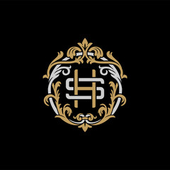 Initial letter S and H, SH, HS, decorative ornament emblem badge, overlapping monogram logo, elegant luxury silver gold color on black background