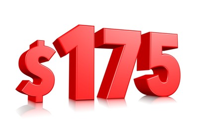 175$ One hundred seventy five price symbol. red text number 3d render with dollar sign on white background