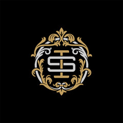 Initial letter S and I, SI, IS, decorative ornament emblem badge, overlapping monogram logo, elegant luxury silver gold color on black background