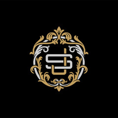 Initial letter S and J, SJ, JS, decorative ornament emblem badge, overlapping monogram logo, elegant luxury silver gold color on black background