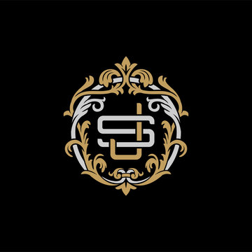 Initial letter S and J, SJ, JS, decorative ornament emblem badge, overlapping monogram logo, elegant luxury silver gold color on black background