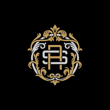 Initial letter S and R, SR, RS, decorative ornament emblem badge, overlapping monogram logo, elegant luxury silver gold color on black background