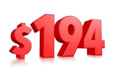 194$ One hundred and ninety four price symbol. red text number 3d render with dollar sign on white background