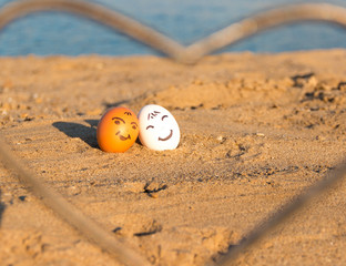 Fototapeta na wymiar two smiling chicken eggs on the beach