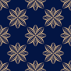 Floral seamless pattern. Golden design on deep blue background