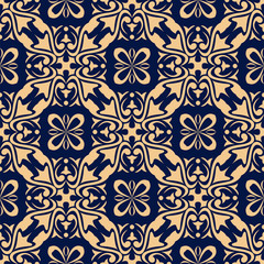  Floral seamless background. Golden pattern on dark blue backdrop