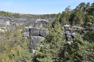 Panorama of Elbe Sandstone Mountains in beautiful Saxon Switzerland near Bohemian Switzerland in Germany