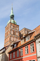 St. Nicholas  Church with old houses. Stralsund, Germany