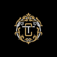 Initial letter T and C, TC, CT, decorative ornament emblem badge, overlapping monogram logo, elegant luxury silver gold color on black background