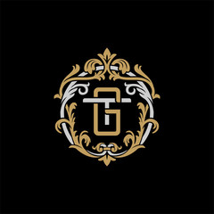 Initial letter T and G, TG, GT, decorative ornament emblem badge, overlapping monogram logo, elegant luxury silver gold color on black background