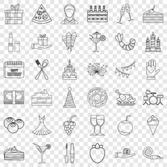 Birthday party icons set. Outline style of 36 birthday party vector icons for web for any design