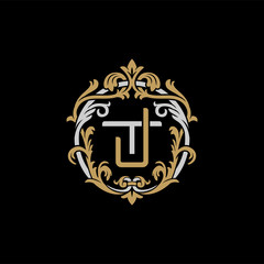 Initial letter T and J, TJ, JT, decorative ornament emblem badge, overlapping monogram logo, elegant luxury silver gold color on black background