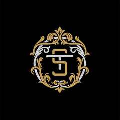 Initial letter T and S, TS, ST, decorative ornament emblem badge, overlapping monogram logo, elegant luxury silver gold color on black background