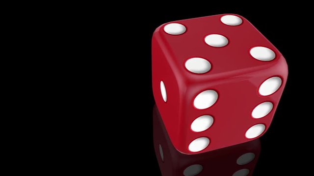 Red dice roll over black glossy reflective background