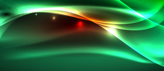 Glowing abstract wave on dark, shiny motion, magic space light. Techno abstract background