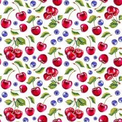 Cherry. Watercolor botanical illustration. Pattern