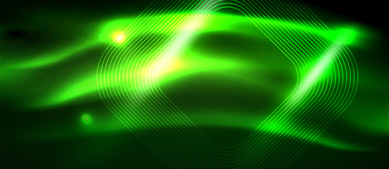 Dark background with neon glowing elements, shiny motion concept